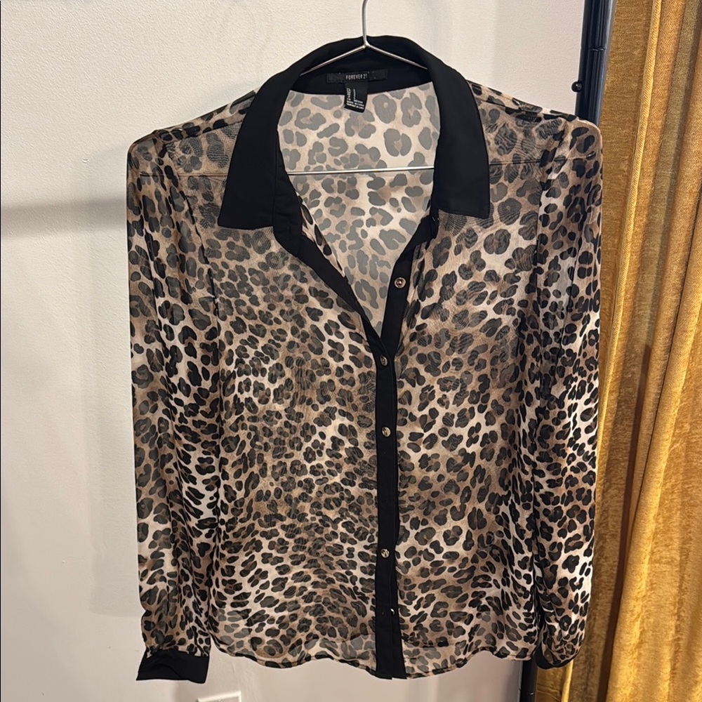 Forever 21 Brown and Cream Notched Collar Blouse